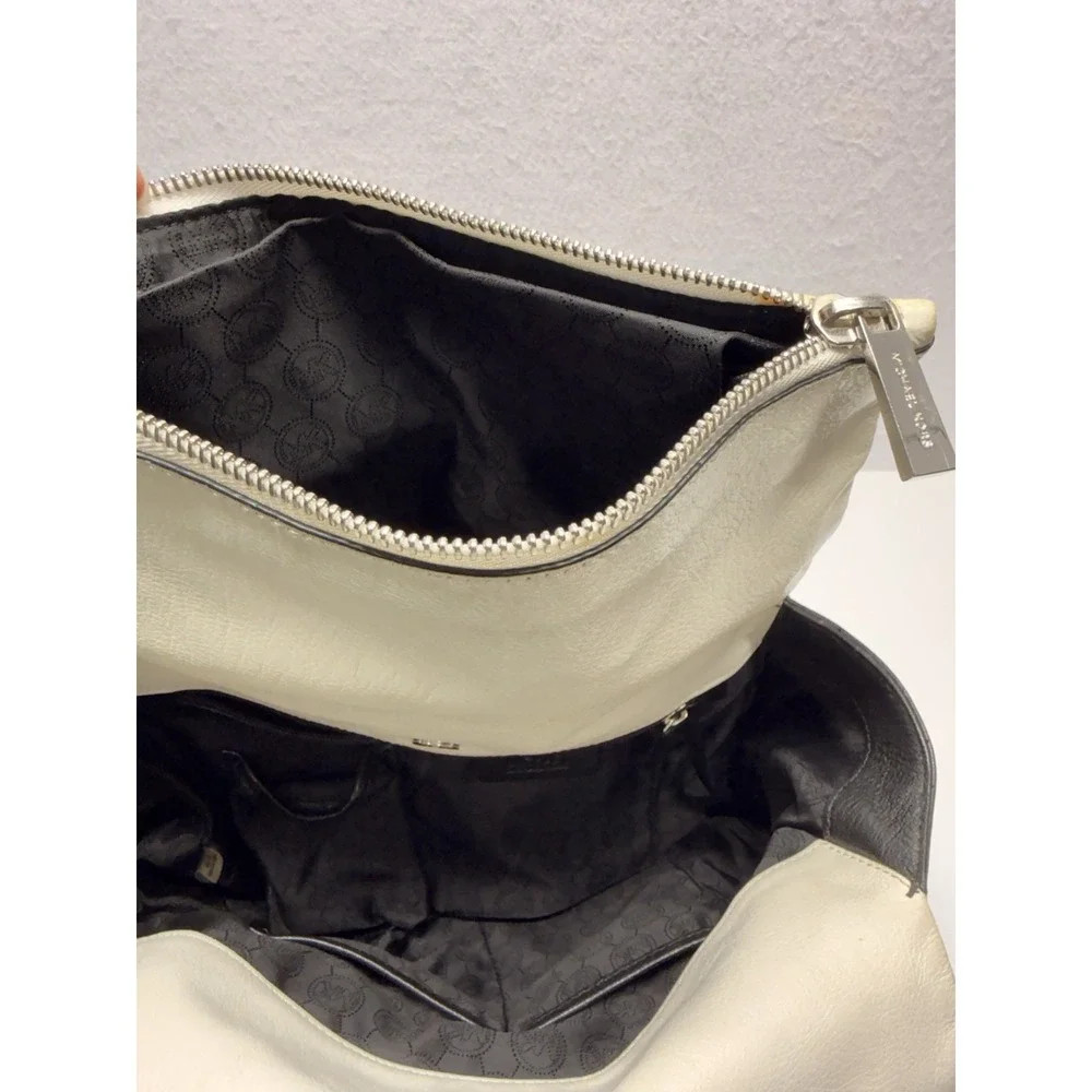 Michael Kors Tippi Large Satchel Leather Handbag Purse Black Cream White